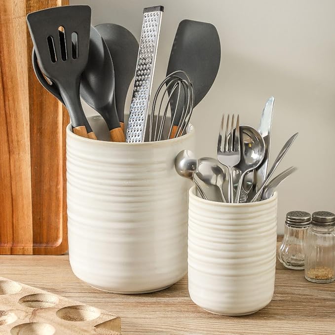 HASENSE Cooking Utensil Holder, 7.4"+5.5" Ceramic Kitchen Utensil Holder for Counter, Rustic Utensil Oganizer Crocks for Spatula, Kitchen Gift for Birthday Wedding, Set of 2, Clay-Infused White