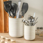 HASENSE Cooking Utensil Holder, 7.4"+5.5" Ceramic Kitchen Utensil Holder for Counter, Rustic Utensil Oganizer Crocks for Spatula, Kitchen Gift for Birthday Wedding, Set of 2, Clay-Infused White