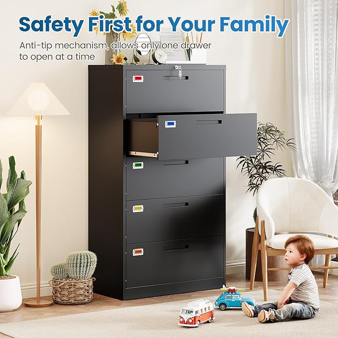 5 Drawer File Cabinet, Lateral Filing Cabinets for Home Office, Office Storage Drawers with Lock, Hanging Files Legal/Letter A4 Size (Assemble Required,Black)