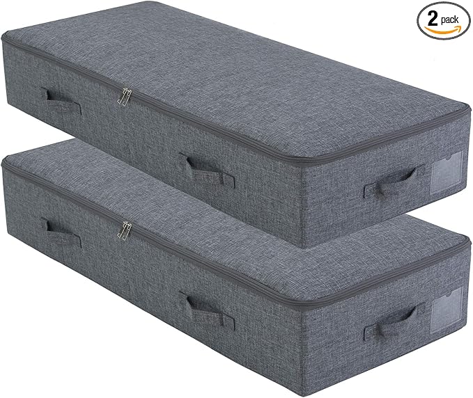 Pack of 2, 100cm Extra-Long Underbed Storage Boxes with Zip Lid – for Blankets, Clothes, Shoes | Washable, Foldable & Sturdy Honeycomb PP Board | Fits Queen/King Bed, Dorm, Closet (Black Gray)