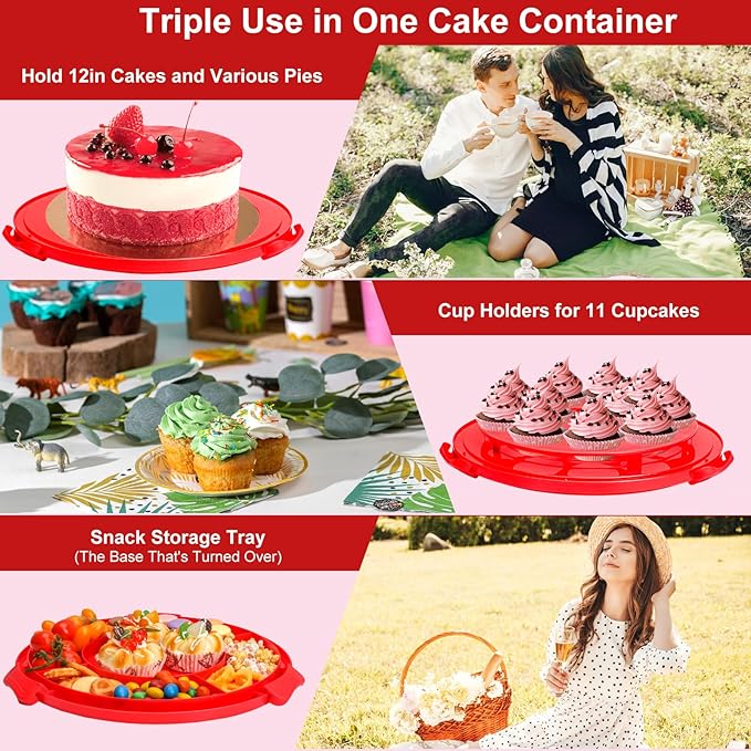 Bundt Cake Carrier, 13.5"Red Cake Carrier with Lid Handle Turntable and Cupcake Holder, Portable Cake Transport Container, Perfect Gifts for Transporting Cakes, Pies, Cupcakes, Nuts, Fruits
