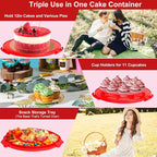Bundt Cake Carrier, 13.5"Red Cake Carrier with Lid Handle Turntable and Cupcake Holder, Portable Cake Transport Container, Perfect Gifts for Transporting Cakes, Pies, Cupcakes, Nuts, Fruits