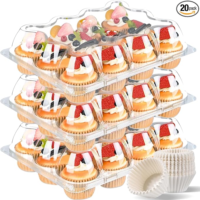 Plastic Cupcake Containers 12 Count (20 Sets), Stackable Cupcake Boxes Holders with Tall Dome Lid, Disposable Cupcake Carrier Trays Include 240 Cupcake Liners