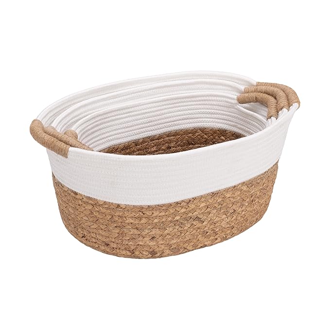 Seville Classics Premium Natural Handwoven Portable Laundry Bin Basket with Carrying Handles, Household Storage for Clothes, Linens, Sheets, Natural Water Hyacinth and White Rope, 3 Piece Set