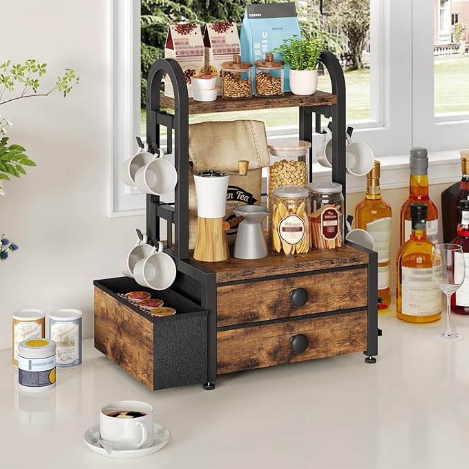 HOOBRO Coffee Mug Tree, 2 Tier Mug Organizer, Coffee Mug Cup Holder with Drawer for 40K-Cup Pods, Mug Display Stand with 8 Hooks, Countertop Holder Rack for Kitchens, Black and Rustic Brown BF04CR01