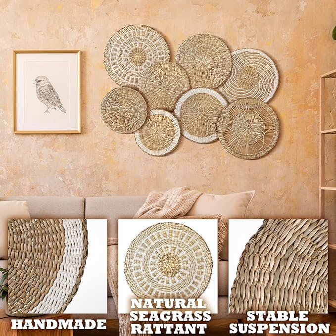 Xuhal 8 Pcs Boho Wall Basket Decor Decorative Bulrush Woven Basket Wall Decor Rustic Farmhouse Hanging Baskets for Kitchen Rustic Home Summer Decorations