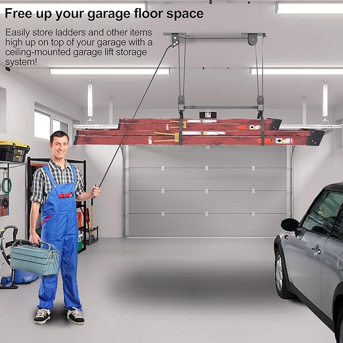 Ladder Storage, Larger Pulley Ladder Hoist, Self Locking Function Ladder Hanger, Garage Ceiling Mount Lift System for Kayak, Cargo Box, Canoe, Bike,Fit 10-14 Foot Ceilings, Hold 150 lbs