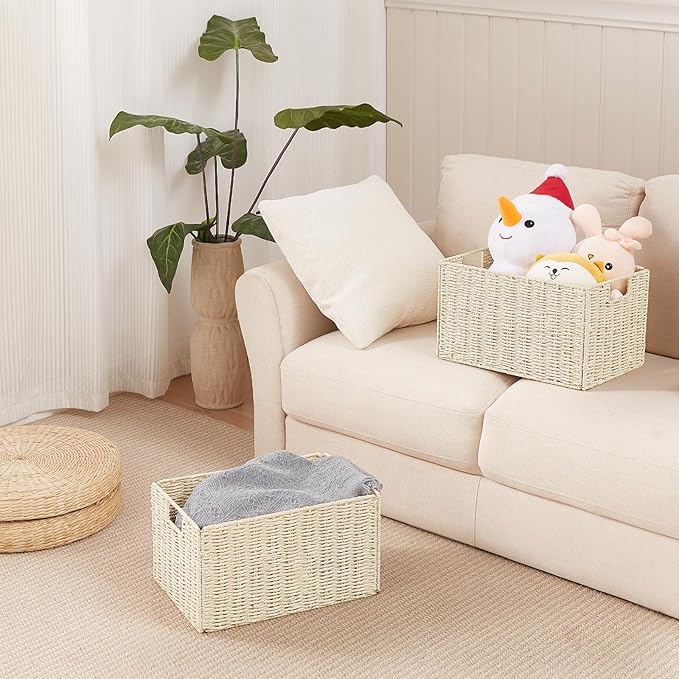 Vagusicc Wicker Storage Basket, Set of 2 Hand-Woven Paper Rope Wicker Basket, Small Storage Baskets for Organizing Toilet Paper Baskets, Foldable Large Cube Storage Organizer Bin for Shelves (Beige)