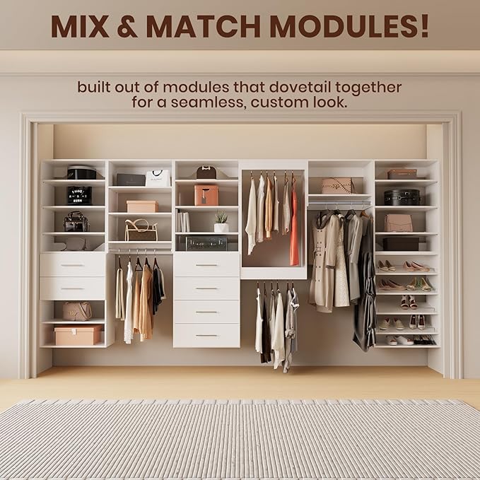 ROOMTEC Modular Closet System, 96" Closet Organizer with Hanging Rods, Wall-Mounted Wooden Tower for Walk-In Closets, Wardrobe Storage Kit, White