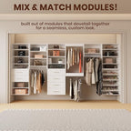 ROOMTEC Modular Closet System, 60" Wall-Mounted Closet Organizer with Drawers and Hanging Rods, Wooden Tower for Walk-In Closets, Wardrobe Storage Kit, White