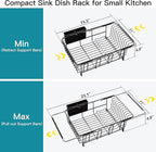Dish Drying Rack Over the Sink In Stainless Steel Black Expandable Drainer for Small Kitchen, Counter Space Saving Compact Inside Sink Plate Dryer, Adjustable Hanging Metal Wire Strainer Drain Holder