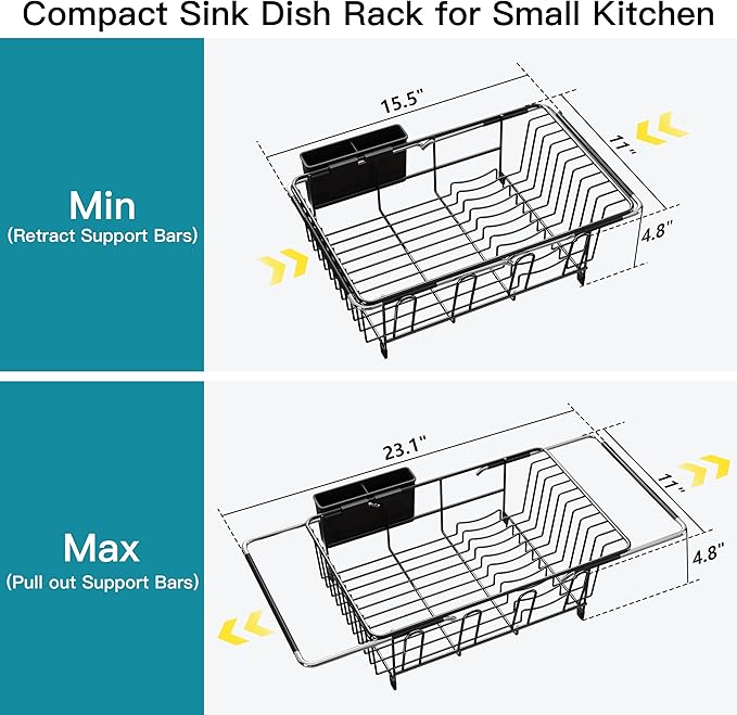 Dish Drying Rack Over the Sink In Stainless Steel Black Expandable Drainer for Small Kitchen, Counter Space Saving Compact Inside Sink Plate Dryer, Adjustable Hanging Metal Wire Strainer Drain Holder