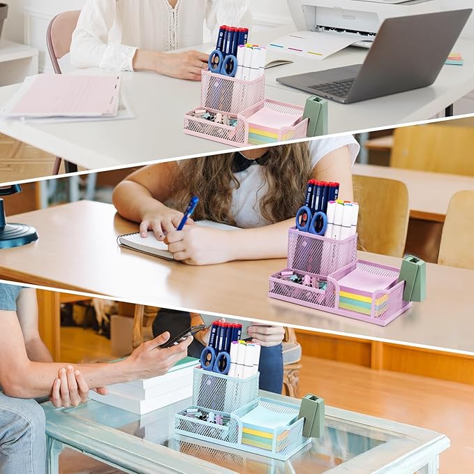 M&G Mesh Pen Holder Desk Organizers Pencil Holder for Desk Purple, 3 Compartments Metal Office Supply Organizer with Sticky Notes Holder for Home Office