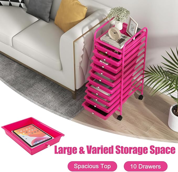 GOFLAME 10-Drawer Rolling Storage Drawer Cart, Utility Cart with Removable Drawers & Metal Frame, Mobile Art Craft Drawer Cart with Lockable Wheels for Home, Office, Studio, School, Hot Pink