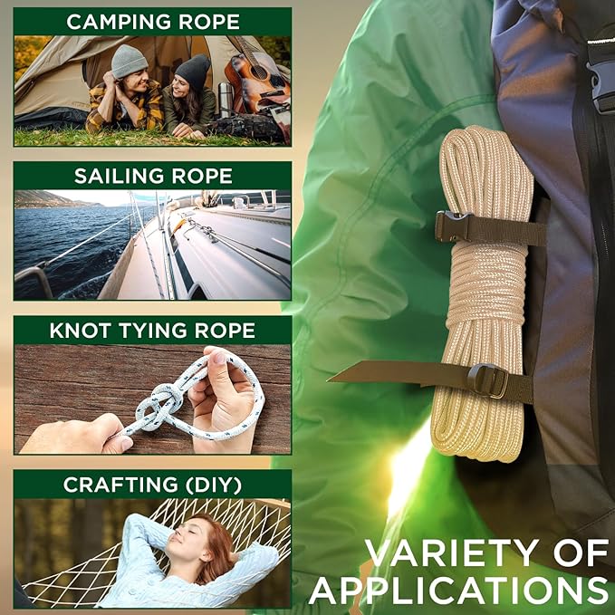 TECEUM Rope – 150 Feet x 1/4 Inch (7mm) – Beige – Strong All-Purpose Utility Rope – Camping, Crafting, Flag Pole, Indoor & Outdoor – Polypropylene Nylon Poly Lightweight Diamond Braided Cord