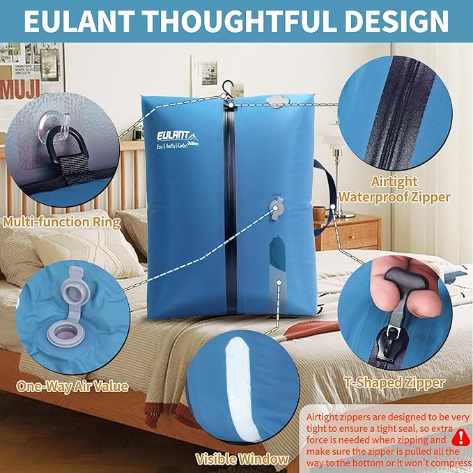 EULANT Reusable Vacuum Bags for Travel,Waterproof Professional IP67 Reusable Vacuum Compression Bags for Backpack Travel and business trip Space Saver Bags
