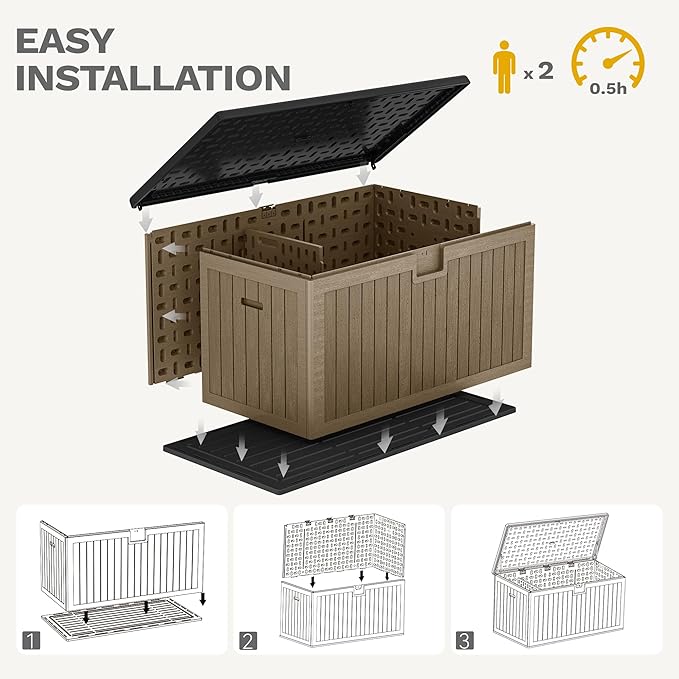 DWVO 230 Gallon Resin Outdoor Storage Box, XXL Double-Wall Waterproof Deck Box with Divider, Doubles as Table or Seating with 1000 lbs Capacity, Lockable (Black&Brown)