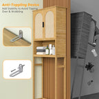 Bamboo Over-The-Toilet Storage Shelf with Inverted U-Shaped Doors, Rattan Surface Bathroom Freestanding Space Saver Organizer with Shelves, Natural