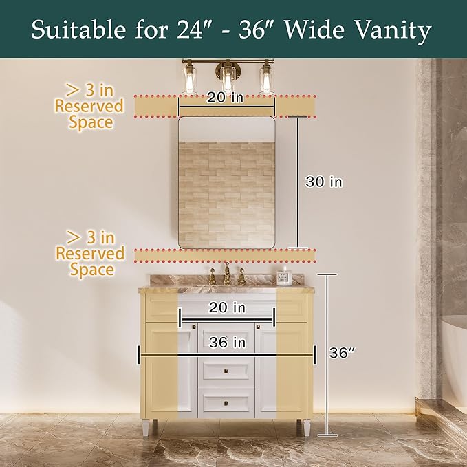 Medicine Cabinet with Mirror 20x30 Inch, Aluminum Bathroom Cabinet for Recessed or Surface Mount, Black Frame, Six Adjustable Glass Shelves, Soft Close Hinge, Reversible Door
