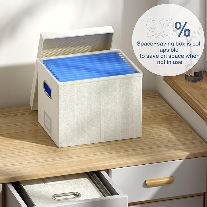 File Organizer Box - File Boxes for Hanging Files with Lid Set of 4 Decorative Hanging Folders Organizer with One-Piece Plastic Frame Slides (Beige White, 13.2 * 10.1 * 10.1in(4Pack))