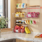 3 Pack Hanging Fruit Basket for Kitchen with Wood Lid - Onion and Potato Storage Fruit Bowl with Nameplate for Counter&Wall Mounted, Stackable Storage Basket,11.81 * 8.66 * 10.63inch