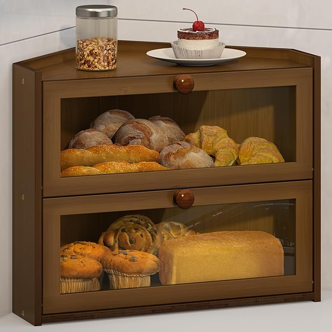 Corner Bread Box for Kitchen Countertop, Large Bread Container Storage Bamboo Wooden Farmhouse Bread Box with Window Bread Holder (Brown)