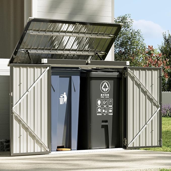Aoxun Premium Outdoor Storage Shed Material Upgraded Version Metal Trash Can Storage with Chain Lid Waterproof Outdoor Garbage Can Organizer, Ideal for 2 Trash Bins, Generator, Garden Tools (Black)