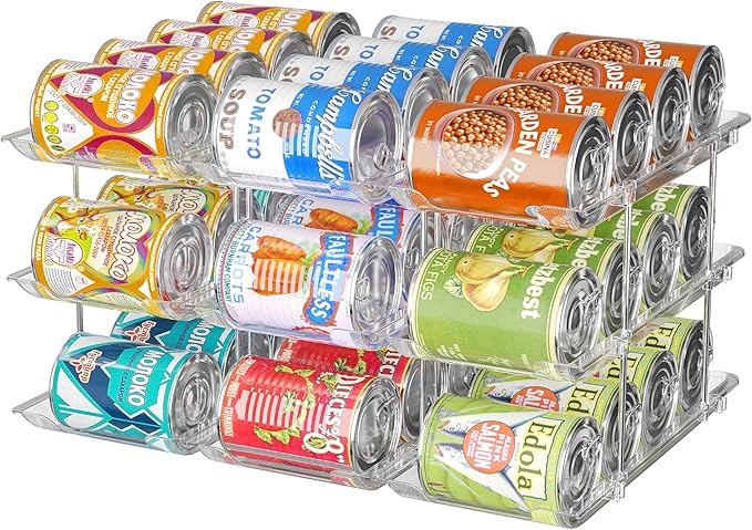 Attelite Can Organizer for Pantry, 3 Sets 3 Tiers Can Storage Organizer Pantry,Soda Can Organizer for Fridge 36 Cans Rack Automatic Rolling Stackable Canned Food Organizer,Clear