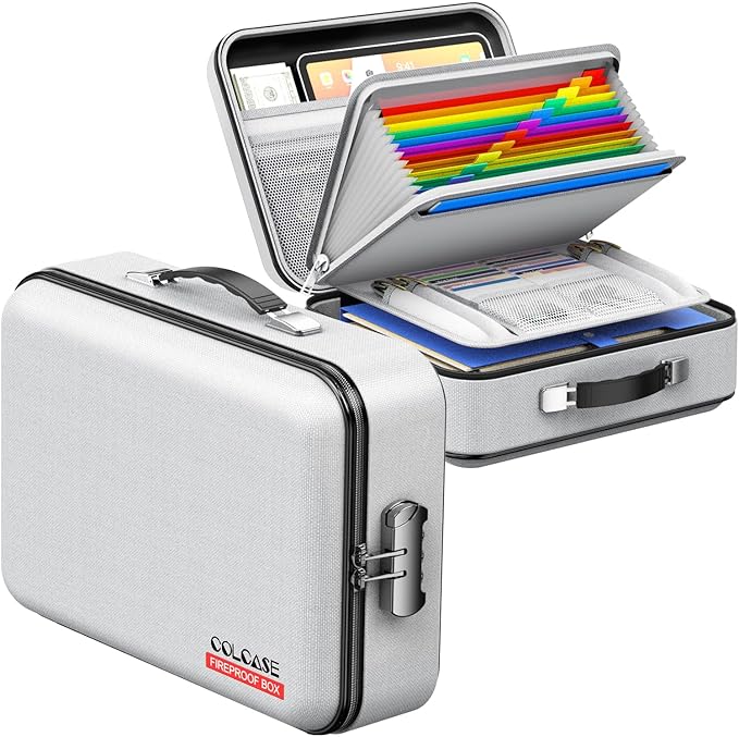 COLCASE Fireproof Document Box, Hard Case Fireproof File Organizer with Lock Hard-Shell Design Fireproof Water Resistant Safe Box for Important Documents Certificates Laptop Passports Gray