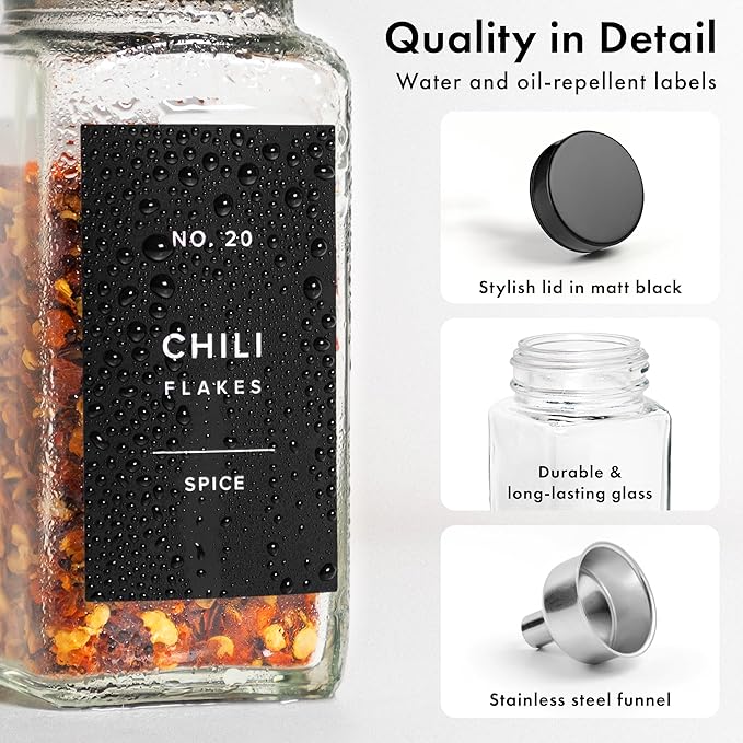 Glass Spice Jars with Label and Black Lids (24 x 4oz) Spice Containers with 240 Labels, Shaker Inserts, Steel Funnel, Empty Square Empty Square Seasoning Organizer