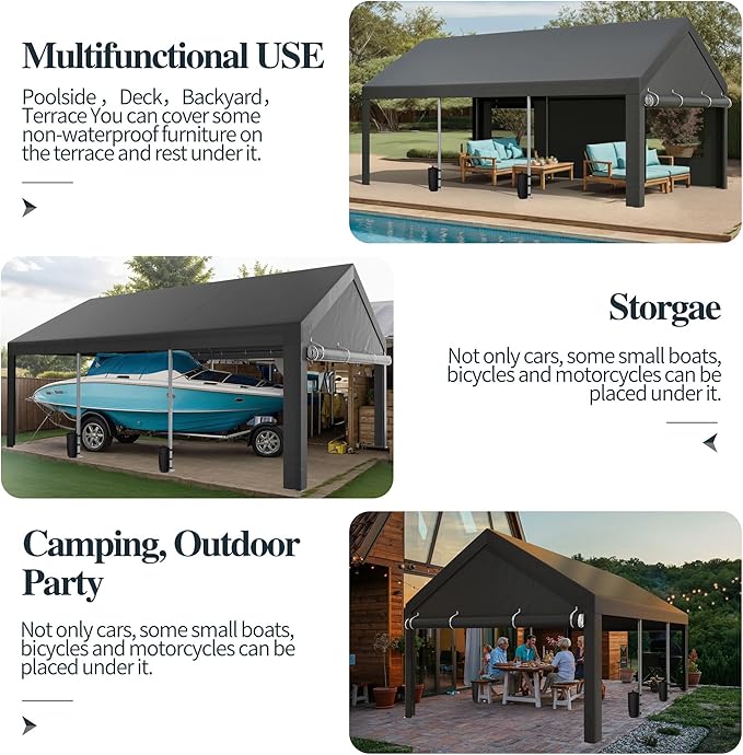 Shintenchi 12x20 FT Heavy-Duty Design Carport,Portable Garage Canopy,Carport Canopy with Side-Opening Removable Door & Roll-Up Window,Portable Car Port for Car, Truck, Boat,Grey
