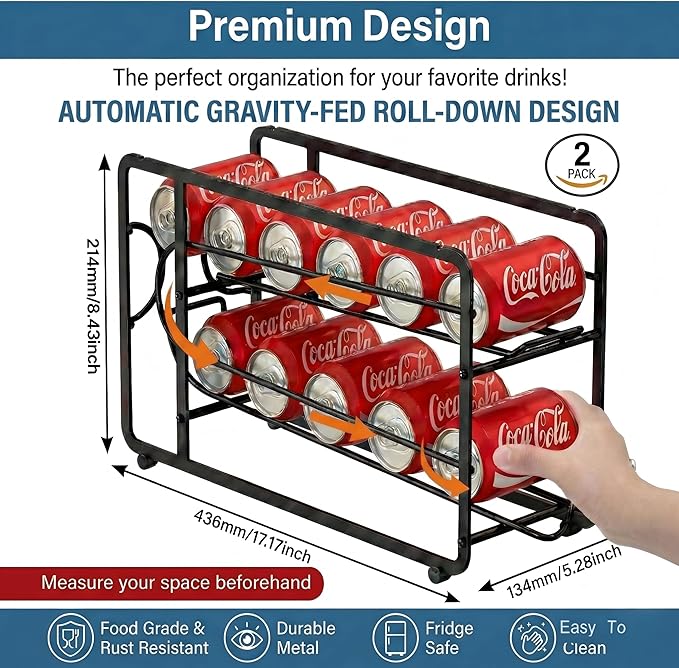 Soda Can Organizer Storage Rack, 2 Pack Stackable Beverage Soda Can Dispenser Organizer Holder for Refrigerator, Cabinet, Pantry (Black)