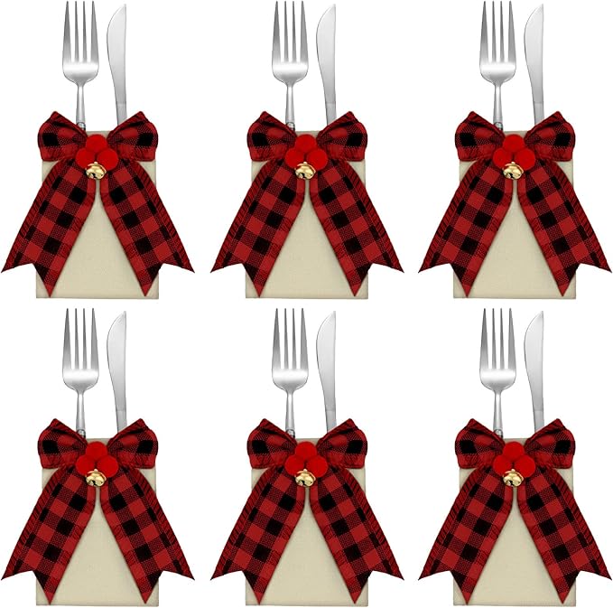 12 Pieces Christmas Silverware Holder Burlap Utensil Holder Xmas Tableware Holder Buffalo Plaid Cutlery Fork Bag for Christmas Party Dinner Tableware Decoration (Red and Black)