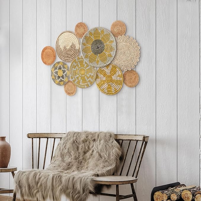 Tatuo 11 Pcs Boho Wall Basket Decor Decorative Bulrush Woven Basket Wall Decor Art Round Farmhouse Hanging Baskets for Kitchen Rustic Home Summer Decorations, Multi Sizes(Lively)