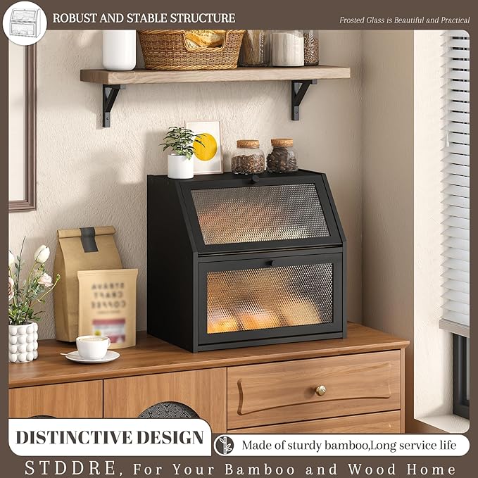 Bread Box for Kitchen Countertop Bin Double Layer Bread Box Storage Container Extra Large Capacity with Diamond Pattern Windows (Black, Extra Large)