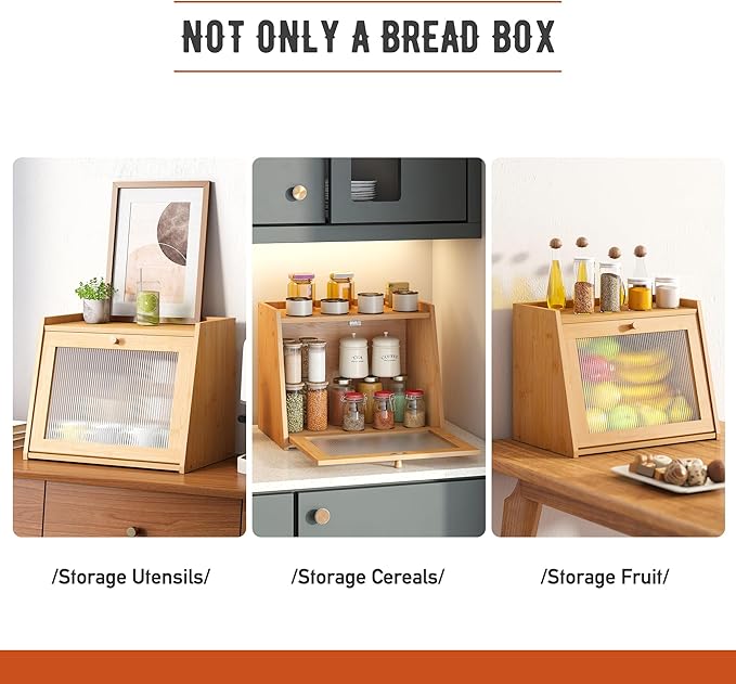 GHWIE Large Bread Box, Easy Access & Cleaning - Bamboo Bread Box for Kitchen Countertop with Acrylic Door (Natural, Large)
