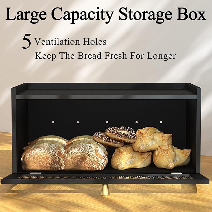 Black Bread Box for Kitchen Countertop - Modern bamboo Bread box with Window Bread Storage Container