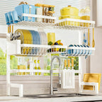 Dish Drying Rack - Over The Sink Dish Drainer Drying Rack with Utensil & Knife Holder, Hooks, Stainless Steel Kitchen Organizers and Storage Solution, 11.8" D x 31.5"~39.0''W x 30" H, White