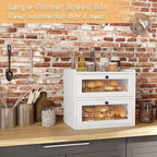 Double Layer Large Bread Box for Kitchen Counter, Wooden Corner Bread Storage Container with Acrylic Window, White