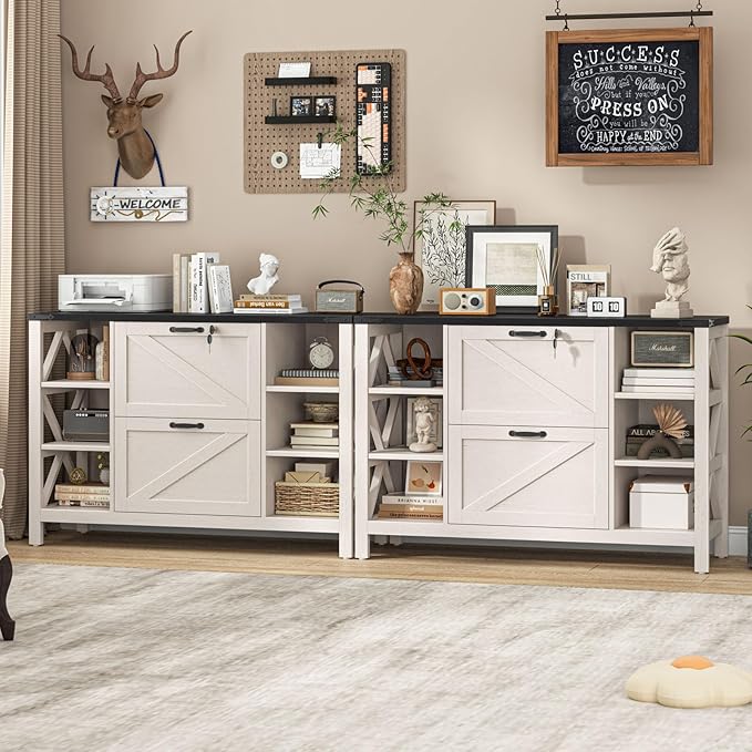 44" Lateral File Cabinet with Adjustable Shelves, Farmhouse 2 Drawer Filing Cabinet with Lock for Legal/A4/Letter, Wooden Printer Stand Office Furniture for Home Office, White and Black