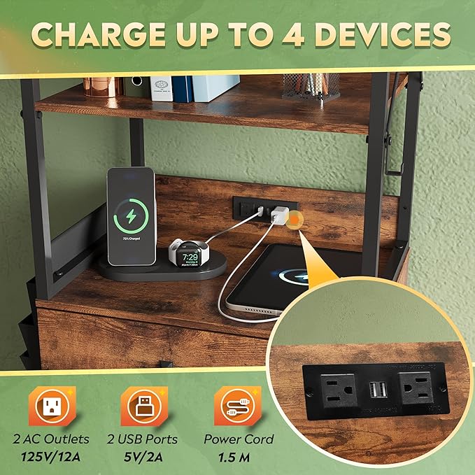 DEVAISE 2 Drawer File Cabinet with Lock, Charging Station & Adjustable Shelf,Tall Filing Cabinet for Home Office with Hook, Printer Stand Fits A4/Letter/Legal, Rustic Brown