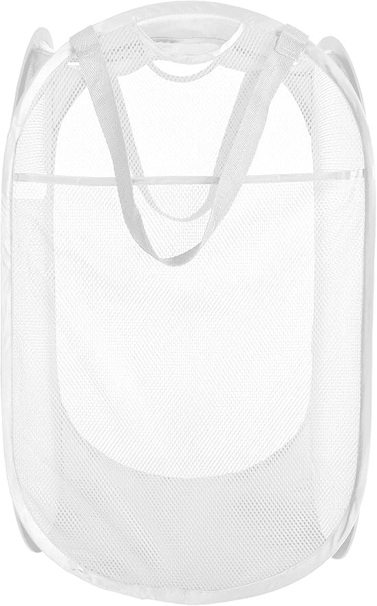 Smart Design Deluxe Mesh Pop Up Square Laundry Hamper w/ Side Pocket & Handles - VentilAir Fabric Collapsible Design - for Clothes & Laundry - Home - (Holds 2 Loads) (14 x 23 Inch) [White]
