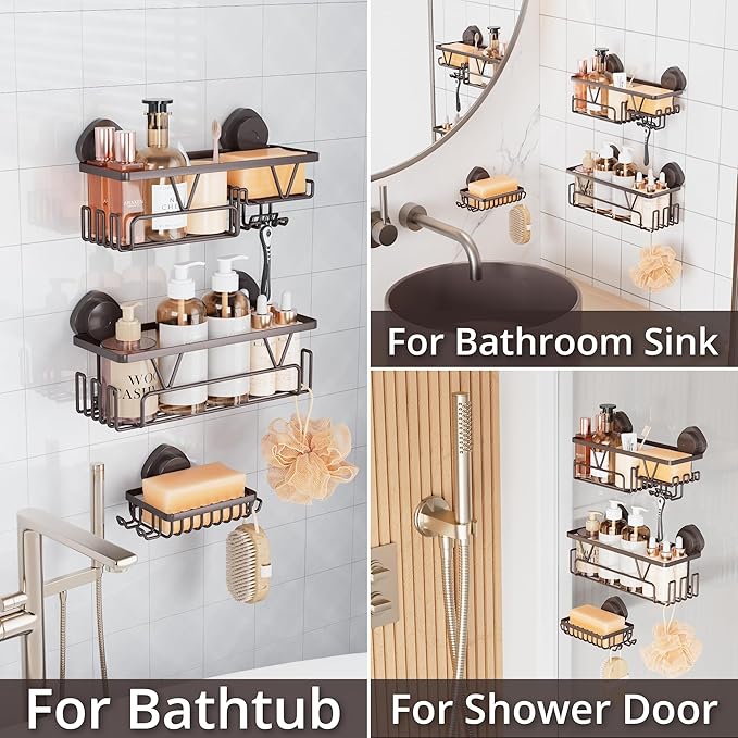 KEGII Suction Cup Shower Caddy – 3 Pack Suction Cup Shelf with Soap Holder & Hooks, Rustproof Stainless Steel Shower Organizer, Removable No Drilling Bathroom Storage Rack, Bronze