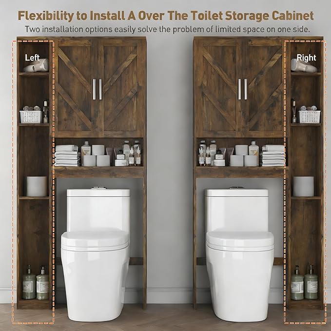 Over The Toilet Storage Cabinet with 7 Storage Shelves, Above Toilet Bathroom Organizer with Toilet Paper Holder Stand, Behind Toilet Cabinet, Space Saver for Restroom, Bathroom, Laundry, Brown