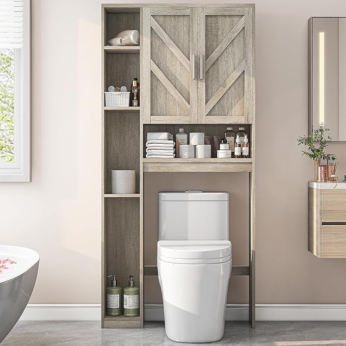 Over The Toilet Storage Cabinet with 7 Storage Shelves, Above Toilet Bathroom Organizer with Toilet Paper Holder Stand, Behind Toilet Cabinet, Space Saver for Restroom, Bathroom, Laundry, Grey