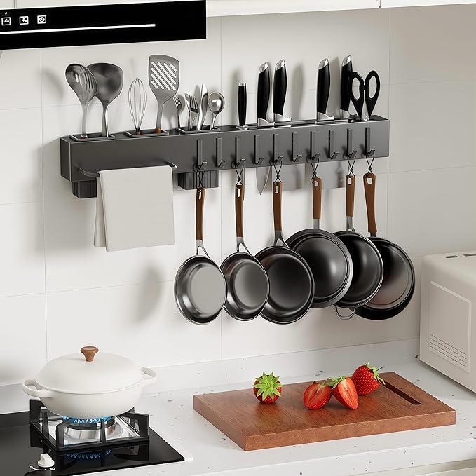 Stainless Steel Pot and Pan Hanger,Wall Mounted Pot Rack Kitchen Hanging Rail With S Hooks,Detachable Pans Hanging Rail Kitchen Utensils Hanger,23.7 Inch Wall Mounted Hanging Pot Rack