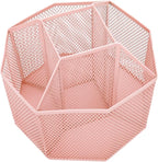 Annova Mesh Desk Organizer Rotate with 5 Compartments Spinning Tidy Candy/Pen Holder Office, Art Supply, Storage, Classroom, Home (Light Pink)