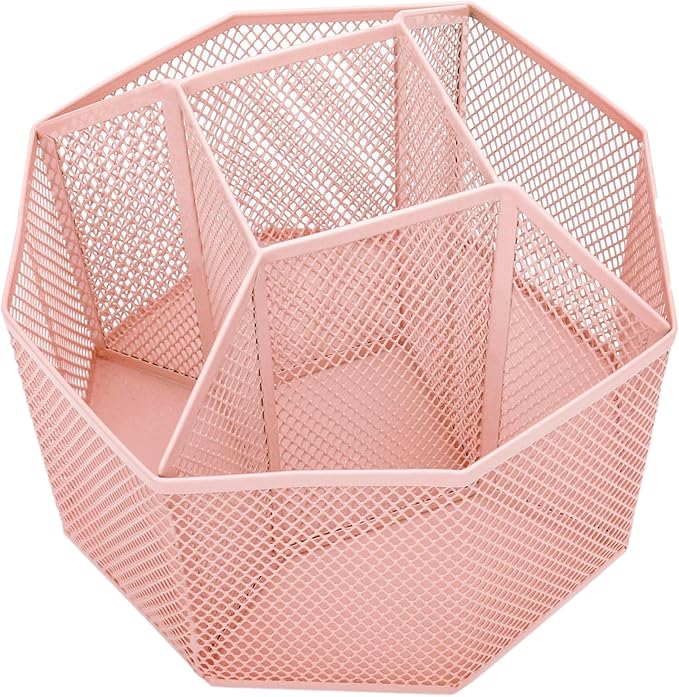 Annova Mesh Desk Organizer Rotate with 5 Compartments Spinning Tidy Candy/Pen Holder Office, Art Supply, Storage, Classroom, Home (Light Pink)