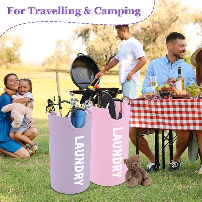 2Pcs 95L Purple + Pink Laundry Basket, Folding Laundry Hampers for Women with Soft Handles, Freestanding Dirty Clothes Basket, Sturdy Oxford Fabric Clothes Hampers for Travel, Dormitory