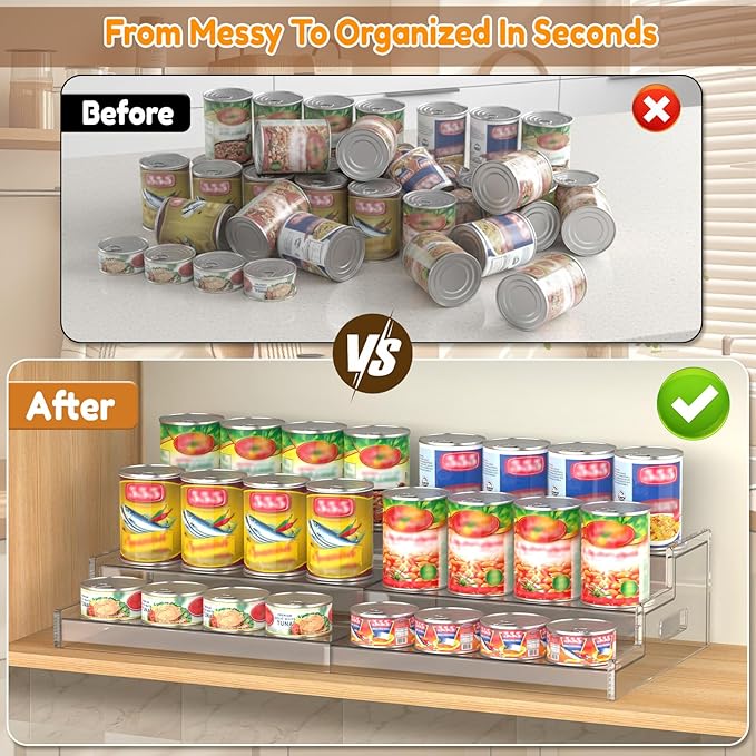 Expandable Can Rack Organizer for Pantry, 3-Tier Adjustable Acrylic Can Storage Holder, Holds Up to 24 Cans, Canned Food Organizer for Cabinet, Countertop, Kitchen